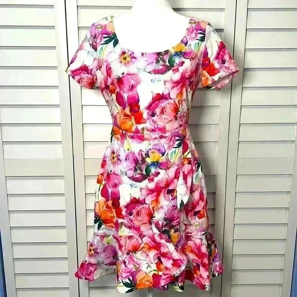 Alexia Admor Floral Short Sleeve Fit & Flare Stretch Dress Size 4 NWT